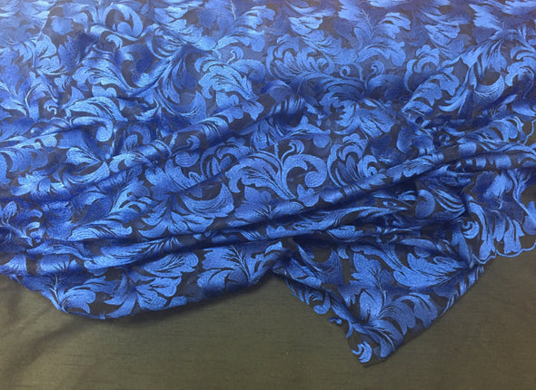 Royal blue royalty leaf design- embroider on a black mesh lace fabric- wedding-bridal-prom-nightgown fabric- sold by the yard.