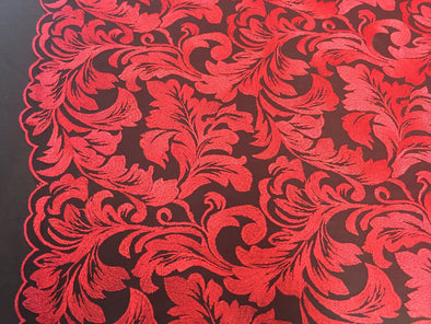 Red royalty leaf design- embroider on a black mesh lace fabric- wedding-bridal-prom-nightgown fabric- sold by the yard.