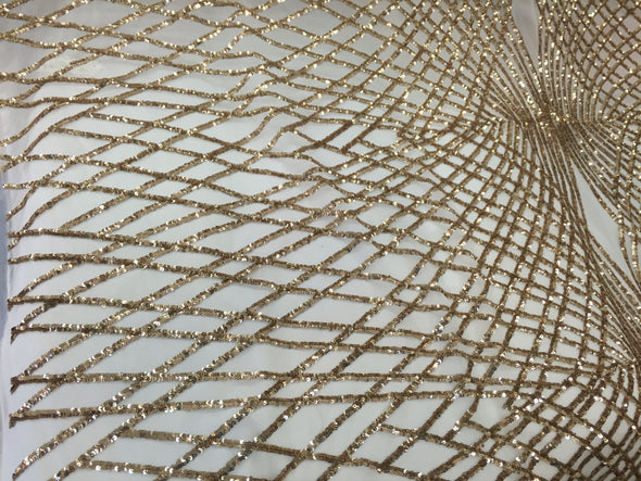 Gold venom diamond web-embroider with sequins on a ivory mesh lace fabric- wedding-bridal-prom-nightgown fabric-dresses-sold by the yard.