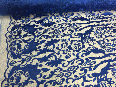 Roral blue damask design embroider on a 2 way stretch mesh lace fabric-wedding-bridal-prom-nightgown-sold by the yard.