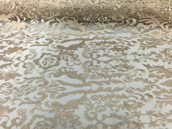 Champagne damask design embroider on a 2 way stretch mesh lace fabric-wedding-bridal-prom-nightgown-Sold by the yard-