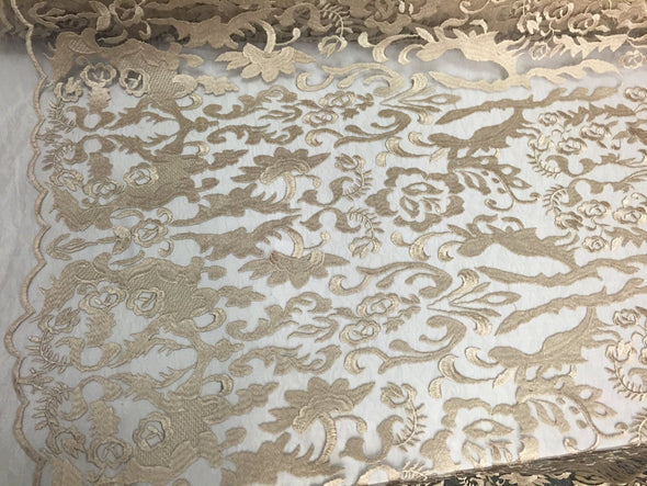 Champagne damask design embroider on a 2 way stretch mesh lace fabric-wedding-bridal-prom-nightgown-Sold by the yard-