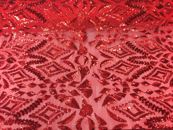 Red Diamond burst design embroider with sequins on a mesh lace fabric-wedding-bridal-prom-nightgown-dresses-decorations-Sold by the yard.