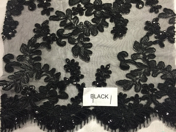 Black corded flowers embroider with sequins on mesh lace fabric - yard