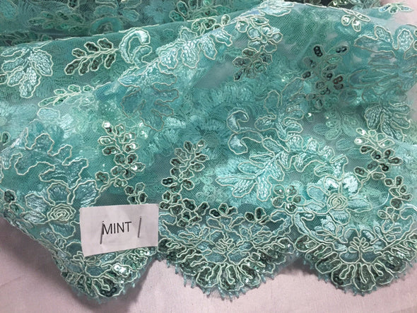 Mint corded flowers embroider with sequins on mesh lace fabric - yard