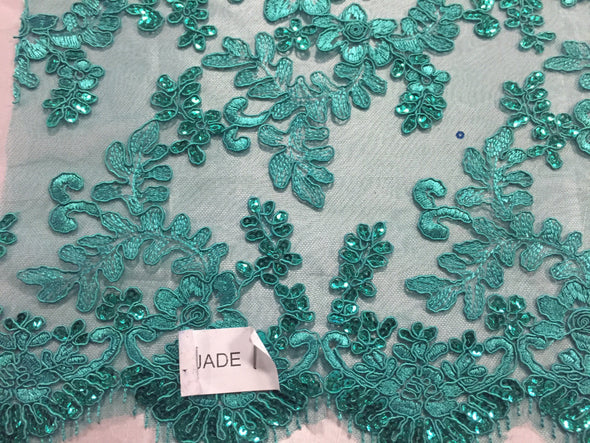 Jade corded flowers embroider with sequins on a mesh lace fabric-yard-