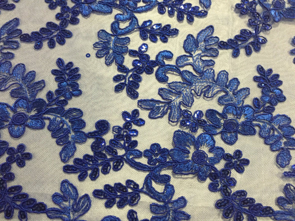 Royal blue corded flowers embroider with sequins on a mesh lace fabric-sold by the yard-