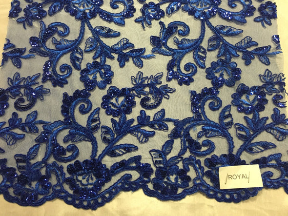 Royal blue corded flowers embroider with sequins on a mesh lace fabric-wedding-bridal-nightgown-dresses-apparel-fashion-sold by the yard-