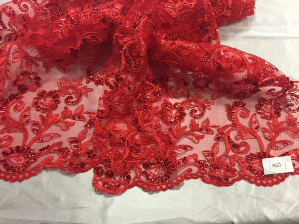 Red corded flowers embroider with sequins on a mesh lace fabric-wedding-bridal-prom-nightgown-sold by the yard-