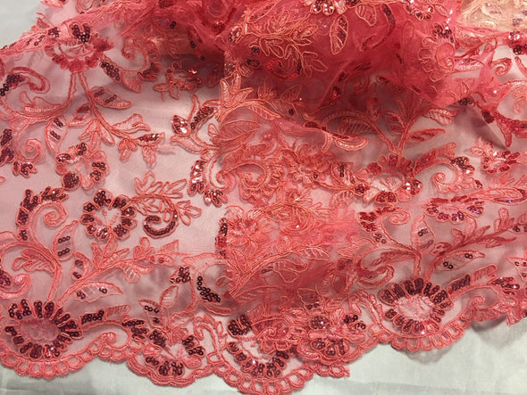 Coral corded flowers embroider eith sequins on a mesh lace fabric-wedding-bridal-prom-nightgown-sold by the yard-