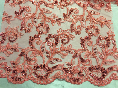 Coral corded flowers embroider eith sequins on a mesh lace fabric-wedding-bridal-prom-nightgown-sold by the yard-
