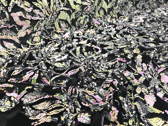 Pink iridescent/Silver Sequins Flip On Black Stretch Velvet Two Tone Floral Design Sold By The Yard