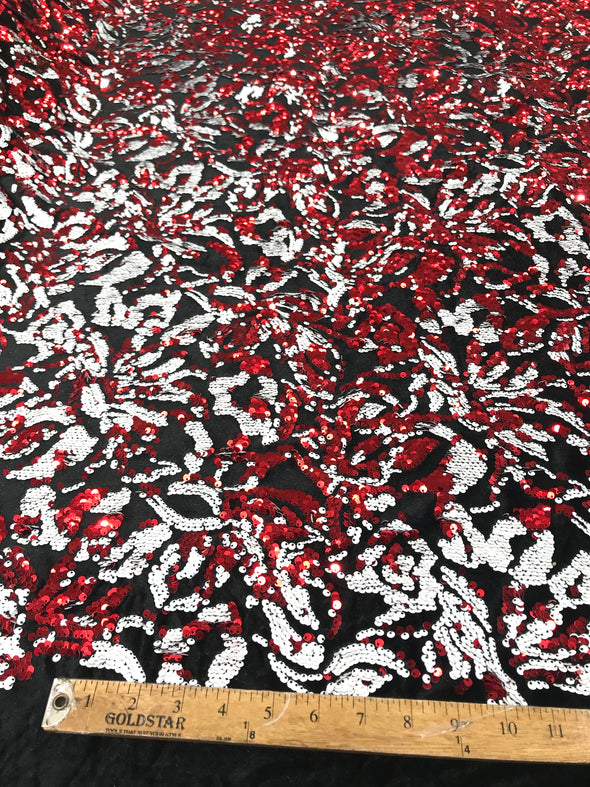Red/White Sequins Flip On Black Stretch Velvet Two Tone Floral Design Sold By The Yard