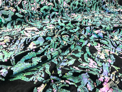 Iridescent Mint/Pink Sequins Flip On Black Stretch Velvet Two Tone Floral Design Sold By The Yard