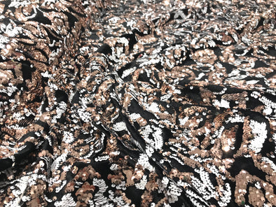 Rose Gold/White Sequins Flip On Black Stretch Velvet Two Tone Floral Design Sold By The Yard