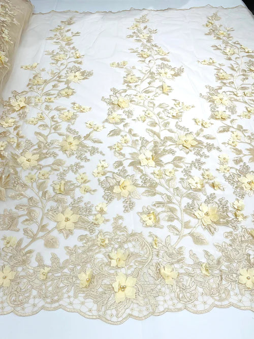 Emily 3d floral design embroider with pearls in a mesh lace-sold by the yard.