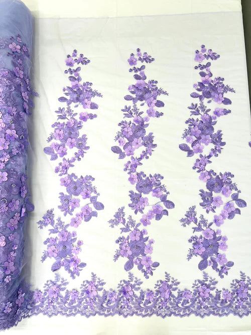 Diana 3d floral design embroider with pearls in a mesh lace-sold by the yard.