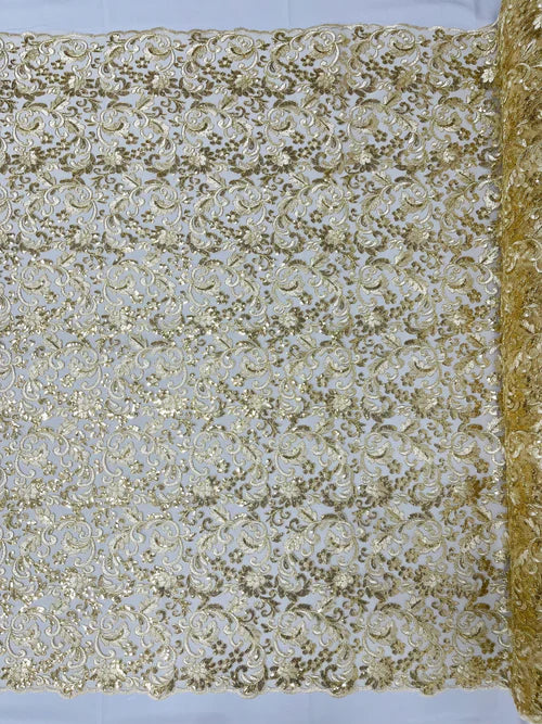 Angela Metallic corded embroider flowers with sequins on a mesh lace fabric-prom-sold by the yard.