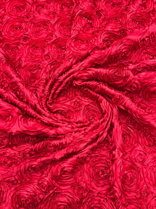 3D Rosette Embroidery Satin Rose Flowers Floral on a satin Fabric by the yard.