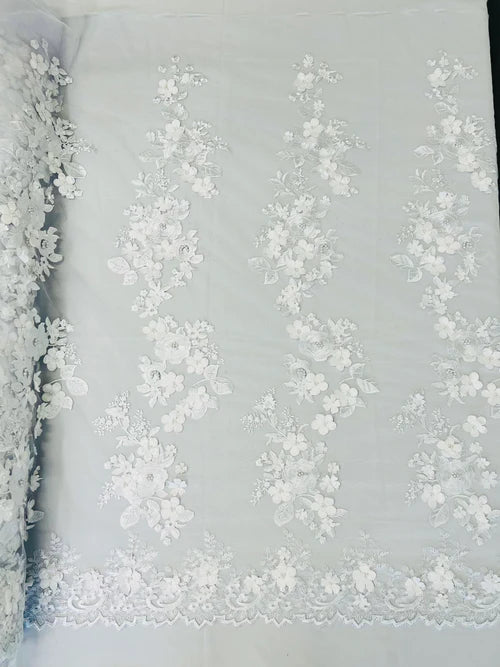 Diana 3d floral design embroider with pearls in a mesh lace-sold by the yard.