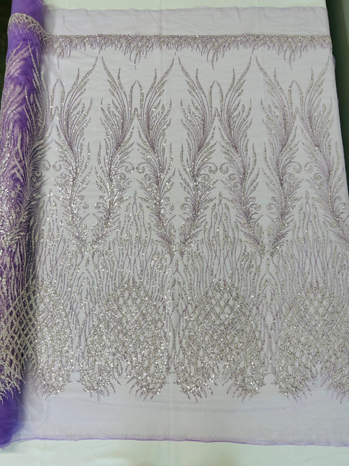 Wing feathers damask embroider and heavy beaded on a mesh lace fabric-sold by the yard