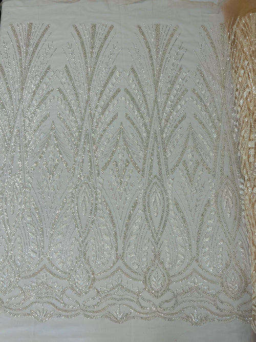 New damask embroider and heavy beaded on a mesh lace fabric-sold by the yard