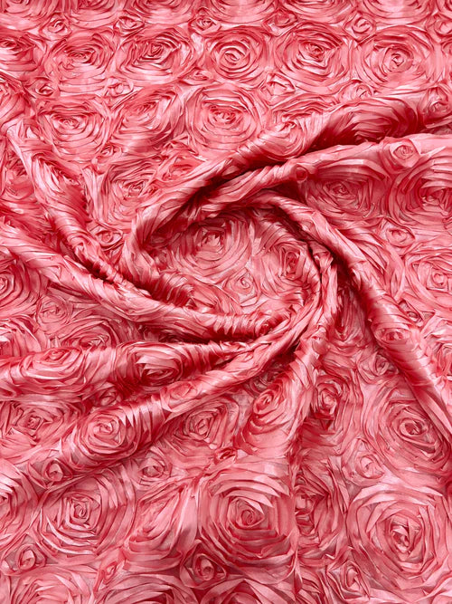 3D Rosette Embroidery Satin Rose Flowers Floral on a satin Fabric by the yard.