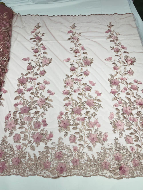 Emily 3d floral design embroider with pearls in a mesh lace-sold by the yard.