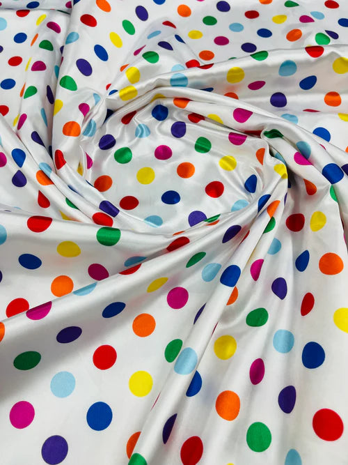 Multi Color Polka Dot 1/2 inch On A Soft Charmeuse Satin Fabric 60" Wide 100% Polyester. Sold By The Yard-