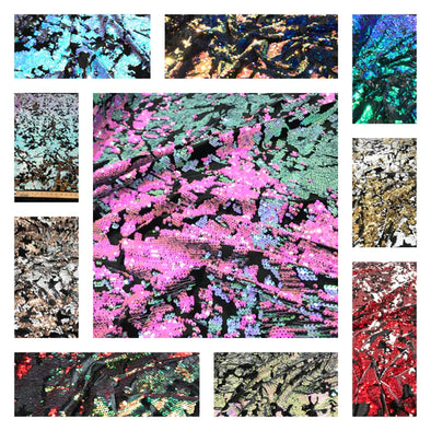 Camouflage flip sequin design on a black stretch velvet, Sold by the yard.