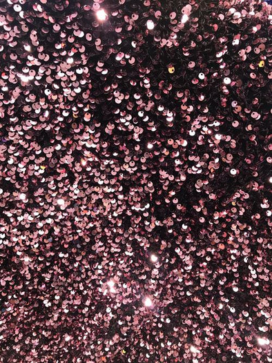Dusty Rose On Black stretch royal velvet with luxury sequins all over 5mm shining sequins 2-way stretch, sold by the yard