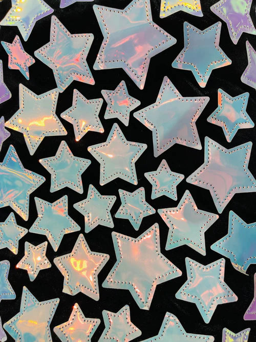 Star Iridescent Sequin Design On A Stretch Black Velvet-Sold By The Yard.