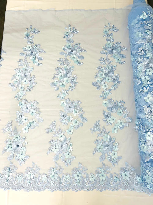 Diana 3d floral design embroider with pearls in a mesh lace-sold by the yard.