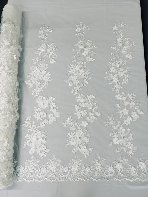 Diana 3d floral design embroider with pearls in a mesh lace-sold by the yard.