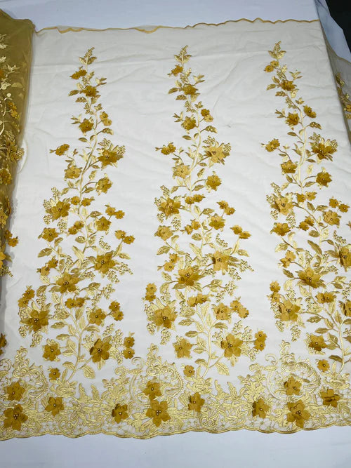 Emily 3d floral design embroider with pearls in a mesh lace-sold by the yard.