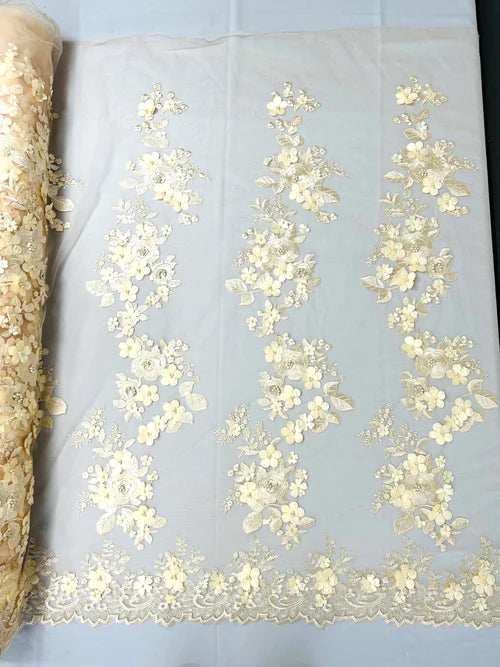 Diana 3d floral design embroider with pearls in a mesh lace-sold by the yard.