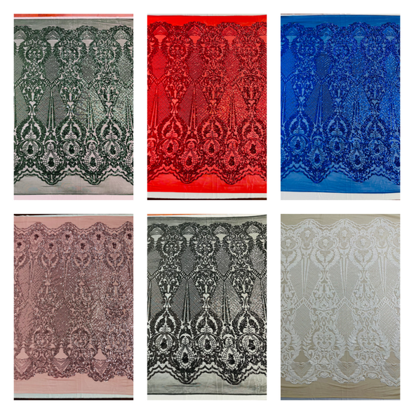 Small Damask Design with sequins on a 4 way stretch mesh fabric - Sold by the yard.