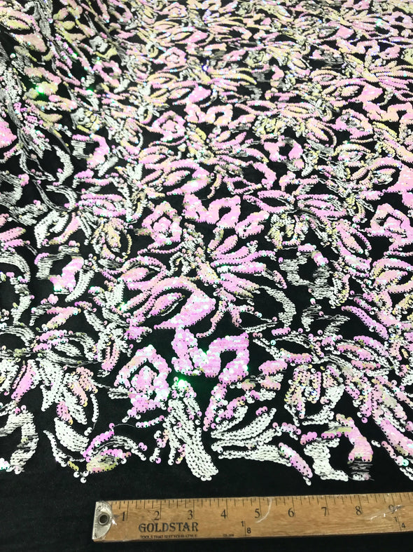 Iridescent Pink/White Sequins Flip On Black Stretch Velvet Two Tone Floral Design Sold By The Yard
