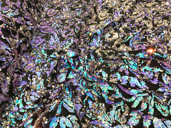 Aqua iridescent Sequins Flip On Black Stretch Velvet Two Tone Floral Design Sold By The Yard