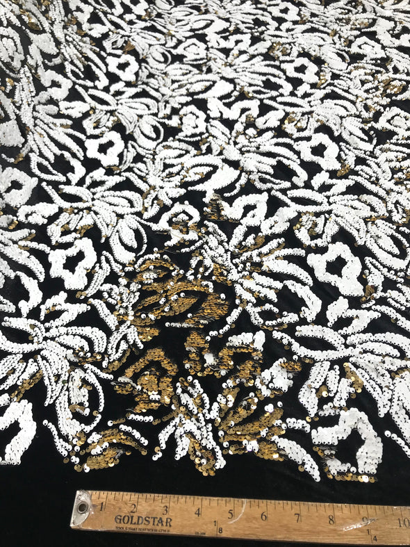 White/Gold Sequins Flip On Black Stretch Velvet Two Tone Floral Design Sold By The Yard