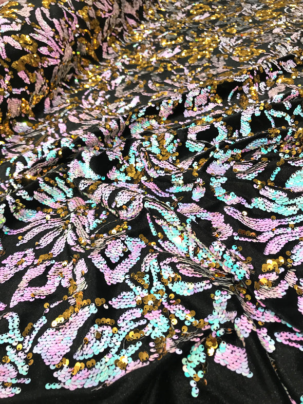 Iridescent aqua/Gold Sequins Flip On Black Stretch Velvet Two Tone Floral Design Sold By The Yard