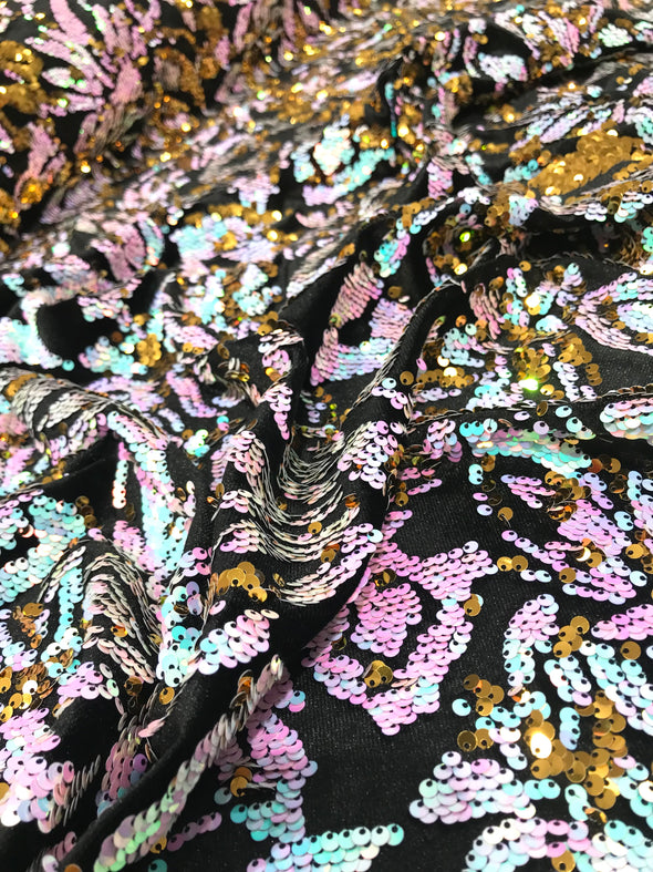Iridescent aqua/Gold Sequins Flip On Black Stretch Velvet Two Tone Floral Design Sold By The Yard