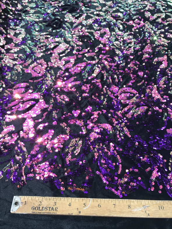 Purple iridescent Sequins Flip On Black Stretch Velvet Two Tone Floral Design Sold By The Yard