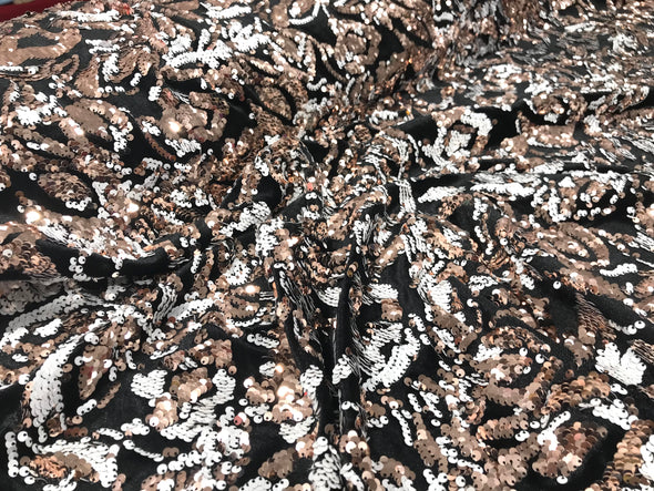 Rose Gold/White Sequins Flip On Black Stretch Velvet Two Tone Floral Design Sold By The Yard