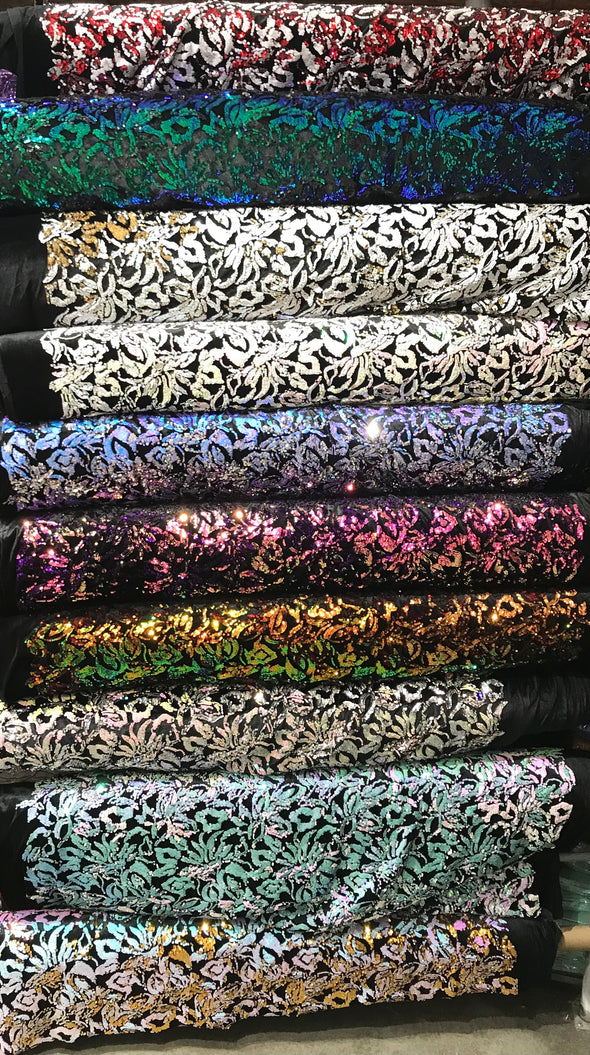 Purple iridescent Sequins Flip On Black Stretch Velvet Two Tone Floral Design Sold By The Yard