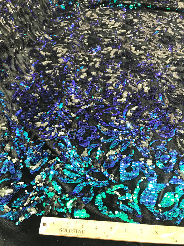 Green iridescent/Black Sequins Flip On Black Stretch Velvet Two Tone Floral Design Sold By The Yard