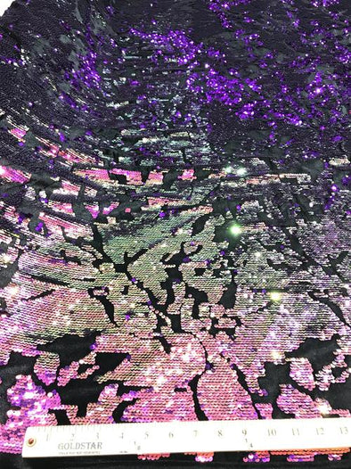 Lavender/Purple Sequins Flip On Black Stretch Velvet Two Tone Sequin Fabric, By The Yard