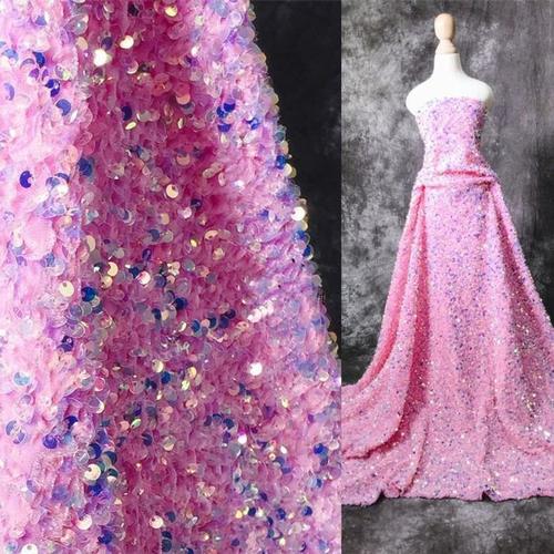 Pink Iridescent stretch Velvet with luxury sequins all over 5mm shining sequins 2-way stretch, sold by the yard