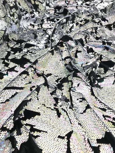 Pink/White Sequins Flip On Black Stretch Velvet Two Tone Sequin Fabric, By The Yard
