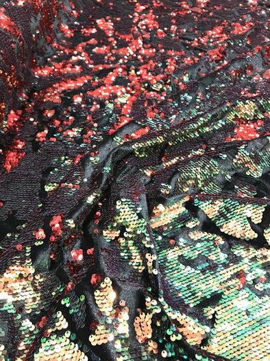 Red/Green Sequins Flip On Black Stretch Velvet Two Tone Sequin Fabric, By The Yard